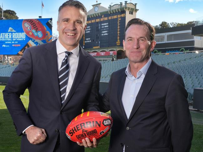 Premier Peter Malinauskas & AFL Chief Executive Andrew Dillon announce dates for 2025 AFL Gather Round. 2 July 2024. Picture: Dean Martin