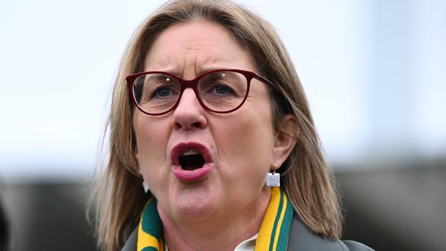 GEELONG, AUSTRALIA - SEPTEMBER 13: Premier of Victoria Jacinta Allan speaks to the media during a Matildas media opportunity at GMHBA Stadium on September 13, 2024 in Geelong, Australia. (Photo by Quinn Rooney/Getty Images)