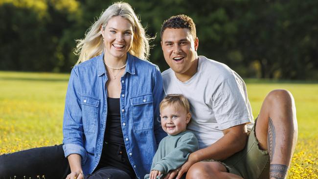 Gretel Bueta, pictured with husband Niko and son Bobby, is expecting her second child. Picture Lachie Millard