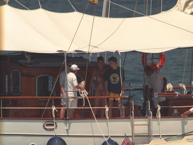 The late Diana, Princess of Wales, with her sons Prince William and Prince Harry on holiday on Mohamed Al Fayed’s yacht. Picture: James Andanson/Sygma via Getty Images