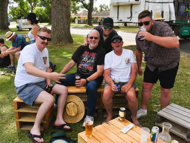 The Gippsland Beer Fest in Tinamba on Saturday, November 16, 2024: Terry Chalmers, Garry Chalmers, Lachlan Tactor, Shane Tactor and Ryan Lothian. Picture: Jack Colantuono