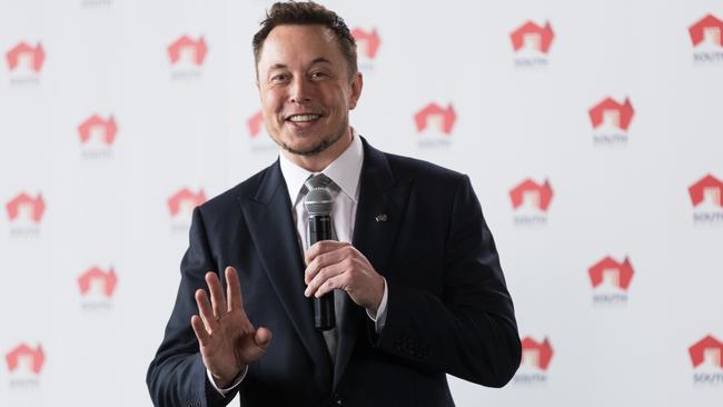 Elon Musk makes a point during his recent address at Adelaide Oval. Picture: AAP Image/Ben Macmahon