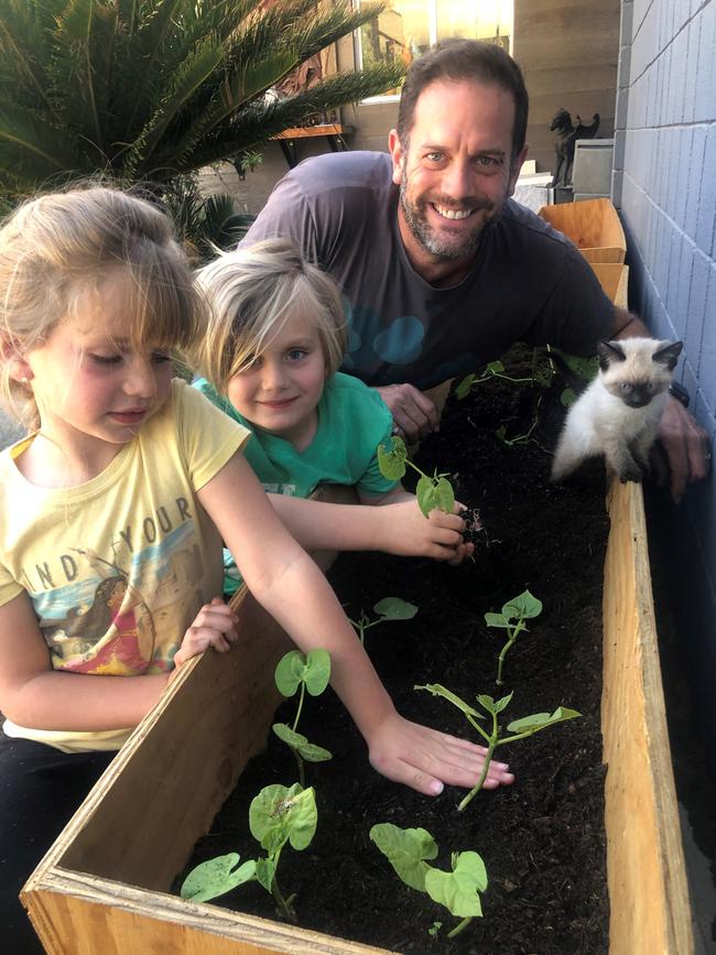 Toby Allen with his two kids, Harvey and Roxanne for Through The Window. Picture: Supplied