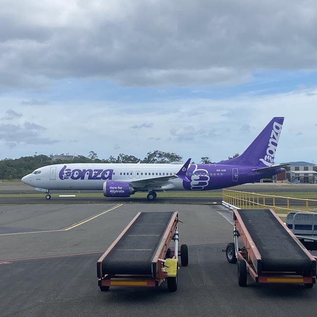 Bonza airlines landed a trial flight in Gladstone just before midday on Tuesday. Picture: Nilsson Jones