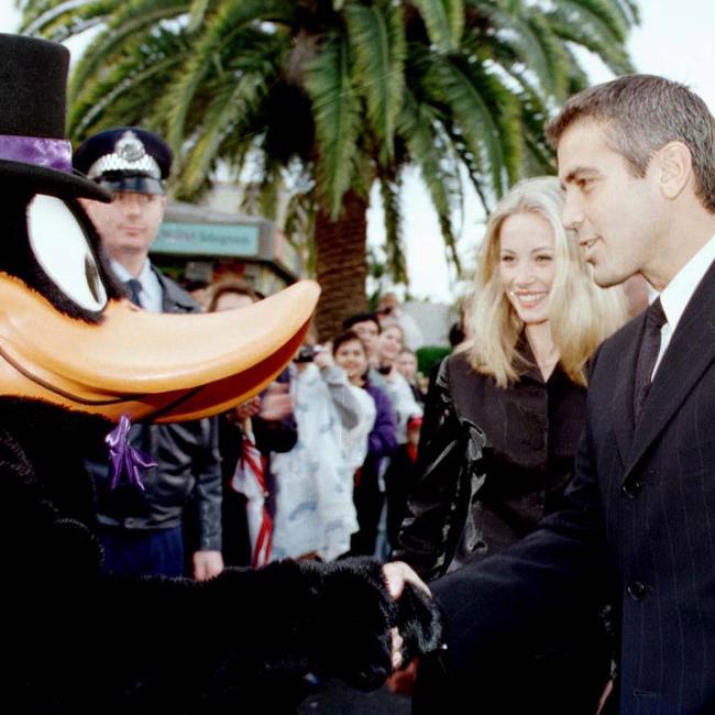 1997. Australasian premiere of film 'Batman and Robin' at Warner Bros Movie World, Gold Coast. Celine Balitran, George Clooney and Daffy Duck.