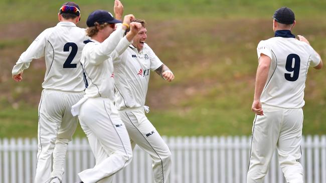 Victoria's James Pattinson (centre) celebrates taking the wicket of Moises Henriques. Pic: AAP 