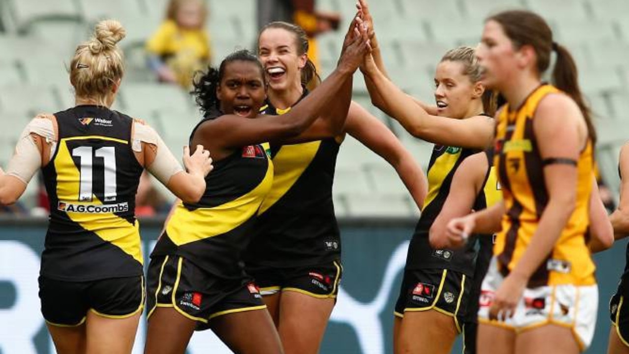 Richmond's Steph Williams celebrates a fourth-quarter goal as the Tigers cruised to 44-point win against Hawthorn in the AFLW side's first game at the MCG. Picture: Cameron Grimes, Richmond Football Club.