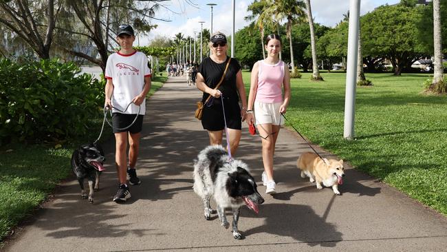 Charlie Cornes, Jo Cornes and Prya Cornes walk Sam, Cookie and Huxley respectively in the RSPCA's Million Paws Walk fundraiser, held along the Cairns Esplanade. Picture: Brendan Radke