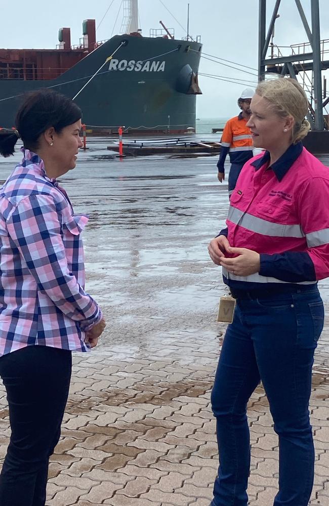 Moment to celebrate. Chief Minister Natasha Fyles and DCM and Mining Minister Nicole Manison at the December media event for the loading of direct shipping ore from Core Lithium’s Finniss project. Behind them is the Rossana ship at Port of Darwin December 30 2022