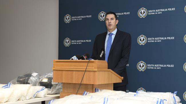 Detective Chief Inspector Darren Fielke speaks to media at Police headquarters in Angas Street regarding 50kg of methamphetamine seizure. Picture: NCA NewsWire / Naomi Jellicoe