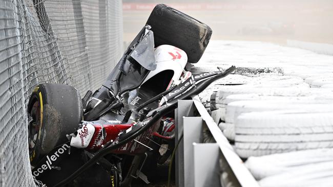 Guanyu car ended up in the barriers as the driver was extracted. Picture: Ben Stansall/AFP