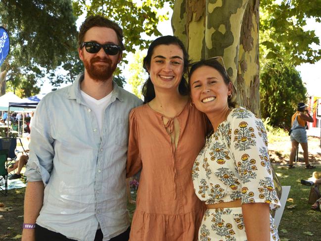 (From left) Mike Reynolds, Anna Reynolds and Emily Brown at the Queensland Country Bank Food &amp; Wine Fiesta during Stanthorpe's Apple and Grape Harvest Festival on Saturday, March 2, 2024. Photo: Jessica Klein