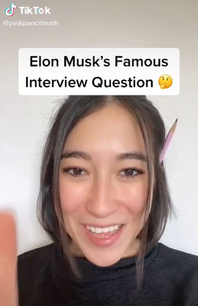 Maths influencer and TikTok user Tanya Zakowich has shared Elon Musk’s famous math riddle he asks candidates during job interviews at SpaceX. Picture: TikTok/pinkpencilmath