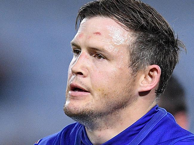 Brett Morris of the Bulldogs reacts as he is sent to the sin bin during the Round 19 NRL match between the Parramatta Eels and the Canterbury-Bankstown Bulldogs at ANZ Stadium in Sydney, Thursday, July 19, 2018. (AAP Image/Dan Himbrechts) NO ARCHIVING, EDITORIAL USE ONLY