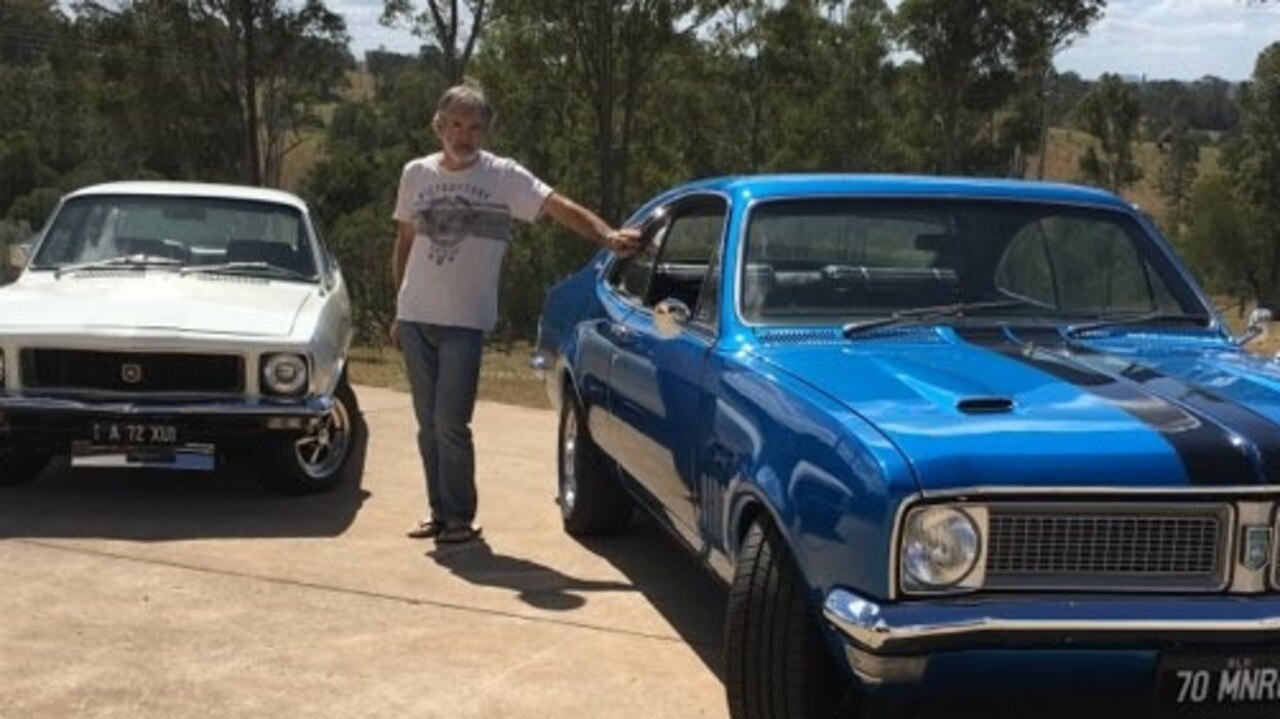 Brian Learoyd with two of his prized cars – Torana XU1 and Monaro.