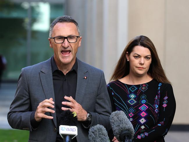 Greens Leader Dr Richard Di Natale and Senator Sarah Hanson-Young speaking at a press conference, Parliament House in Canberra.