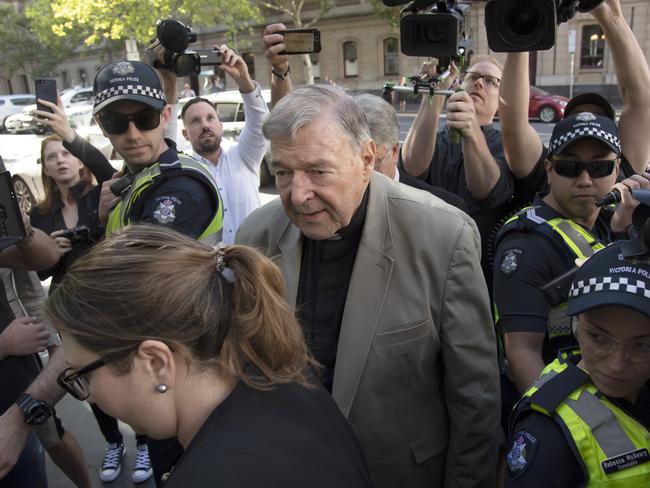 Cardinal George Pell arrives at the County Court in Melbourne, Australia, Wednesday, Feb. 27, 2019. The most senior Catholic cleric ever convicted of child sex abuse faces his first night in custody following a sentencing hearing on Wednesday that will decide his punishment for molesting two choirboys in a Melbourne cathedral two decades ago. (AP Photo/Andy Brownbill)