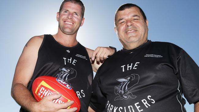 Jason Cloke with Parkside coach Nick Condos after joining the WRFL outfit. Picture: Mark Wilson