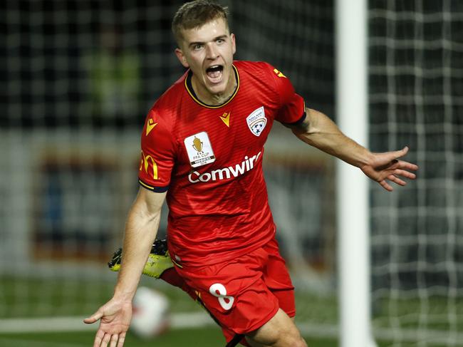 Riley McGree of Adelaide celebrates scoring the winning goal during the FFA Cup Semi Final match between Central Coast Mariners and Adelaide United at Central Coast Stadium in Gosford, Wednesday, October 2, 2019. (AAP Image/Darren Pateman) NO ARCHIVING, EDITORIAL USE ONLY