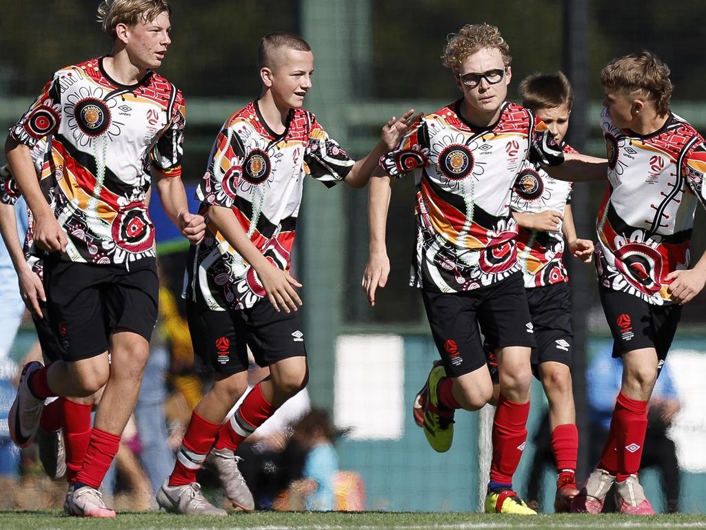 Rockie Gruber celebrates a goal, U14 Boys NAIDOC Cup at Lake Macquarie Regional Football Facility. Picture: Michael Gorton