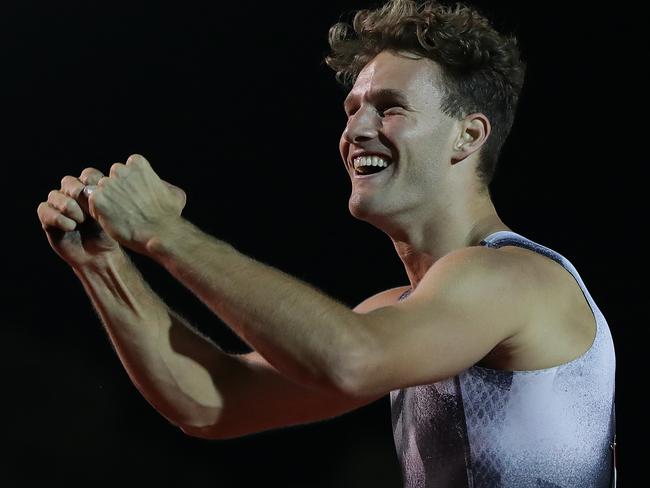 PERTH, AUSTRALIA - FEBRUARY 01: Kurtis Marschall of WA celebrates after clearing 5.80m in the men's pole vault qualifying for the Olympics during the 2020 Jandakot Airport Track Classic at WA Athletics Stadium on February 01, 2020 in Perth, Australia. (Photo by Will Russell/Getty Images)