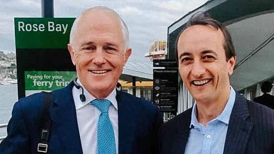 Malcolm Turnbull at Rose Bay wharf in Sydney with Dave Sharma. 