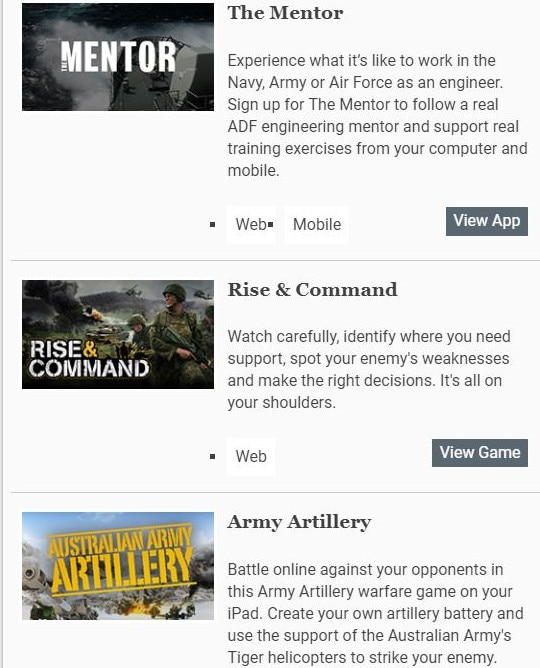 The ADF has since given up on using games and iPad apps to get people excited about joining the military.