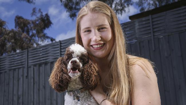 Charlotte De Araugo with her dog Bailey, who was saved with the help of Pet Medical Crisis Fund. Picture: WAYNE TAYLOR