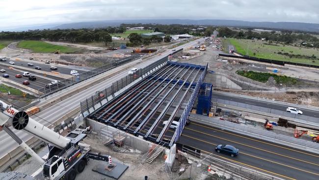 Massive SA-made girders have been craned into position to wide the Majors Rd bridge over the Southern Expressway near O'Halloran Hill from two lanes to six. Picture: Supplied