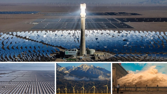 Clockwise from top: Solar photovoltaic panels at a wind solar heat storage project in Golmud City; water is released from the Three Gorges Dam; a wind farm in Xinjiang; Shichengzi photovoltaic industrial park in Hami