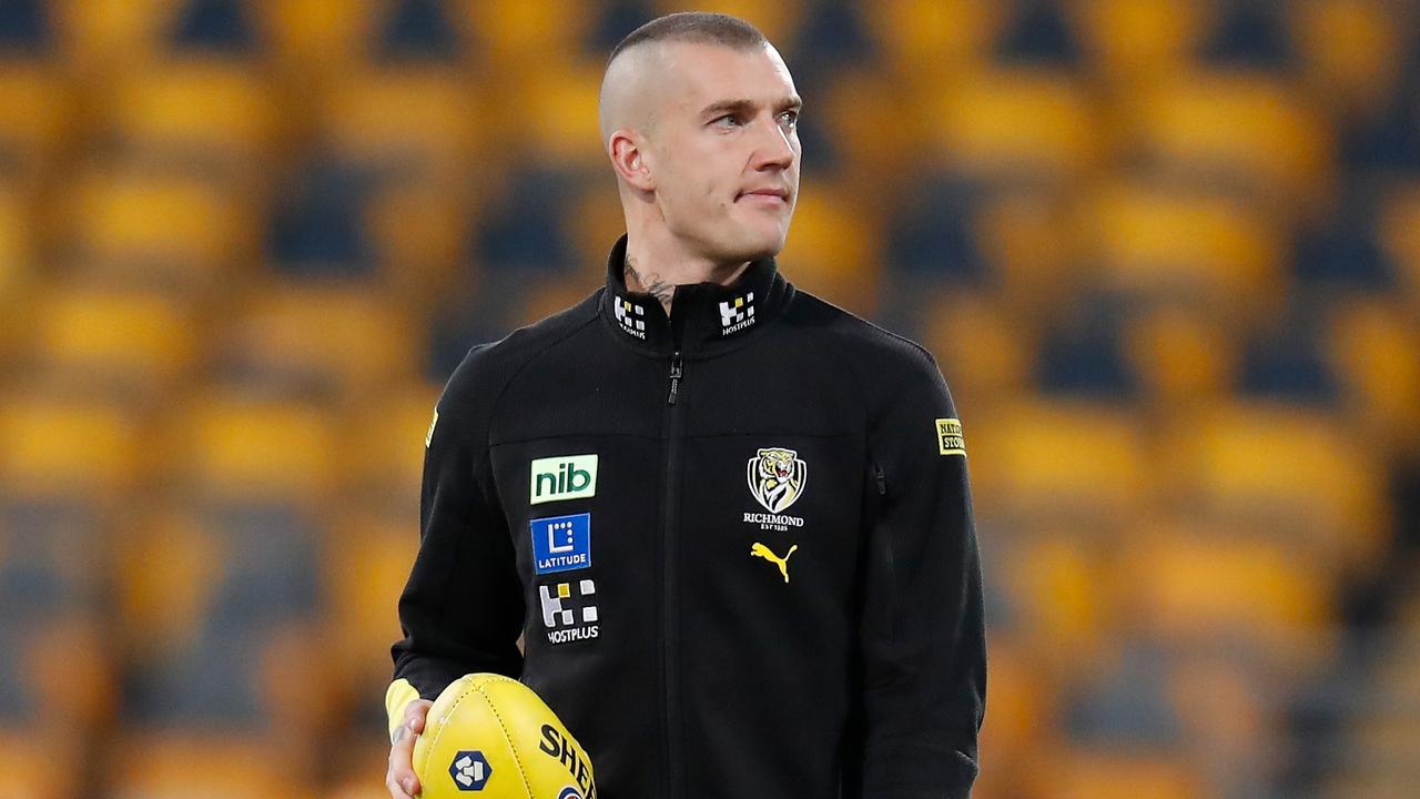 BRISBANE, AUSTRALIA - SEPTEMBER 01: Dustin Martin of the Tigers is seen during the 2022 AFL Second Elimination Final match between the Brisbane Lions and the Richmond Tigers at The Gabba on September 1, 2022 in Brisbane, Australia. (Photo by Michael Willson/AFL Photos via Getty Images)