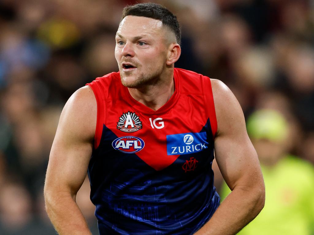 MELBOURNE, AUSTRALIA - APRIL 24: Steven May of the Demons in action during the 2024 AFL Round 07 match between the Richmond Tigers and the Melbourne Demons at the Melbourne Cricket Ground on April 24, 2024 in Melbourne, Australia. (Photo by Dylan Burns/AFL Photos via Getty Images)