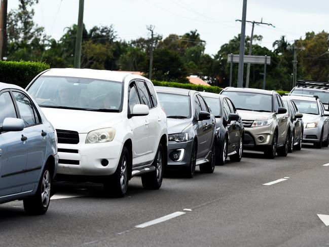 Cars queue near 1300 Smiles Stadium on Tuesday. Wait times on Wednesday are just as bad and estimated to be several hours. Picture: Townsville Bulletin