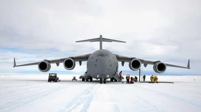 Unloading cargo from C-17A Globemaster III on Wilkins Runway. Picture: Glenn Jacobson