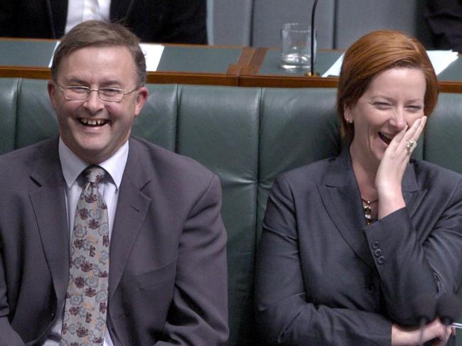 30/11/2004 NEWS: Opposition front bench Anthony Albanese and Julia Gillard during Question Time in the House of Representatives of Federal Parlliament in Canberra. Pic. John Feder