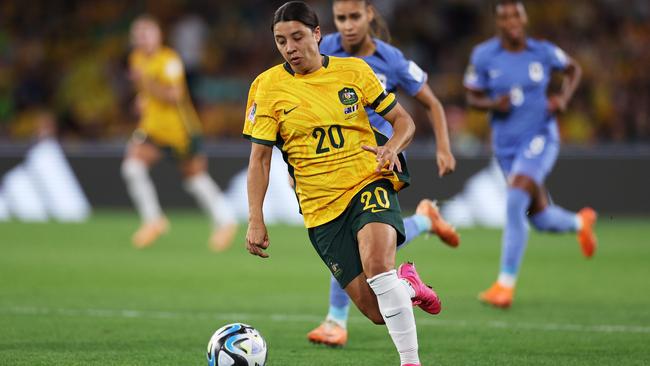 Sam Kerr of Australia controls the ball. Picture: Elsa – FIFA/FIFA via Getty Images