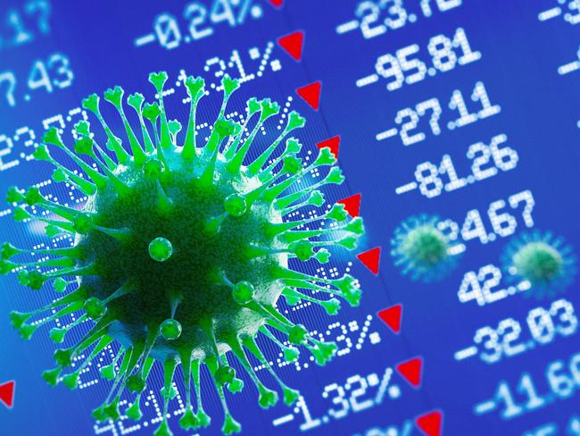 Green viruses over blue financial bar graph. Selective focus. Horizontal composition with copy space. COVID-19 stock market and financial volatility concept.