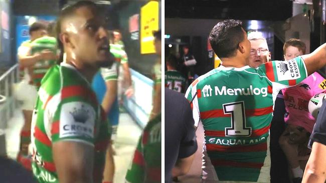 Rabbitohs players react to the alleged abuse in the tunnel aimed at Latrell Mitchell during halftime of their clash against the Panthers.