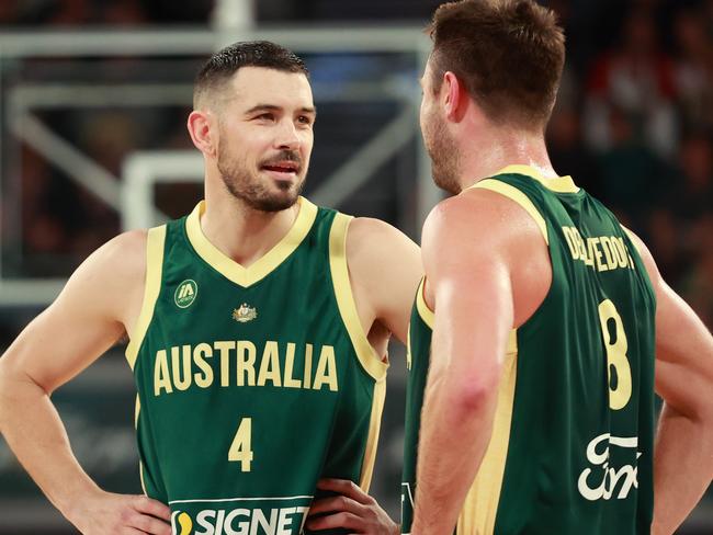 MELBOURNE, AUSTRALIA - JULY 02: Chris Goulding of the Australian Boomers reacts with Matthew Dellavedova of the Australian Boomers during the game between the Australia Boomers and China at John Cain Arena on July 02, 2024 in Melbourne, Australia. (Photo by Kelly Defina/Getty Images)