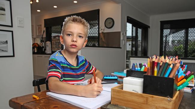 Lachlan Frappell, 7, of Albany Creek started Grade Two from home at the start of term due to Covid. Picture: Zak Simmonds