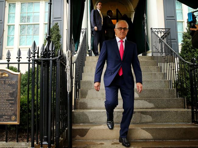 Prime Minister Malcolm Turnbull faces the media in Washington, DC, after Barnaby Joyce’s resignation. Picture: Nathan Edwards