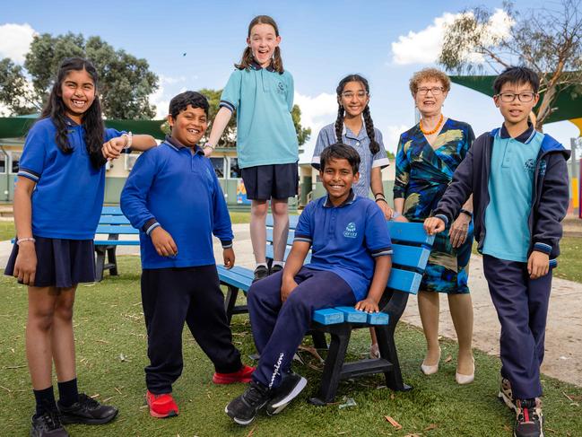 Glendal Primary School students Maya, 9, Ahad, 8, Primrose, 9, Johnathan, 11, Maya, 11, with principal Deborah Grossek and Hugo, 11. Picture: Jason Edwards