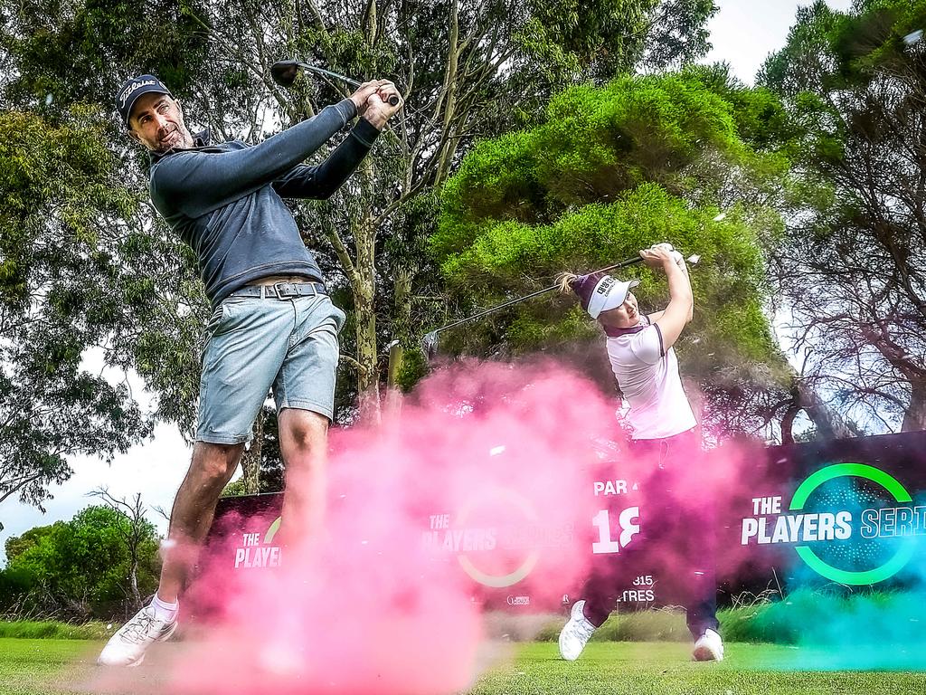 Rosebud Country Club will host a Players' Series in which men and women will play together and compete for the same prizes.  Geoff Ogilvy and Su-Hyun Oh play with colorful golf balls exploding.  Image: Ian Currie