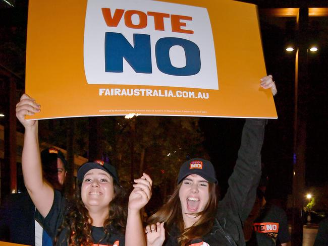 BRISBANE, AUSTRALIA - NewsWIRE Photos SEPTEMBER 27, 2023: No voters in front of protestersâVOTE NOâ Campaign Event with Senator Jacinta Nampijinpa Price and Nyunggai Warren Mundine in Brisbane.Picture: NCA NewsWIRE / John Gass