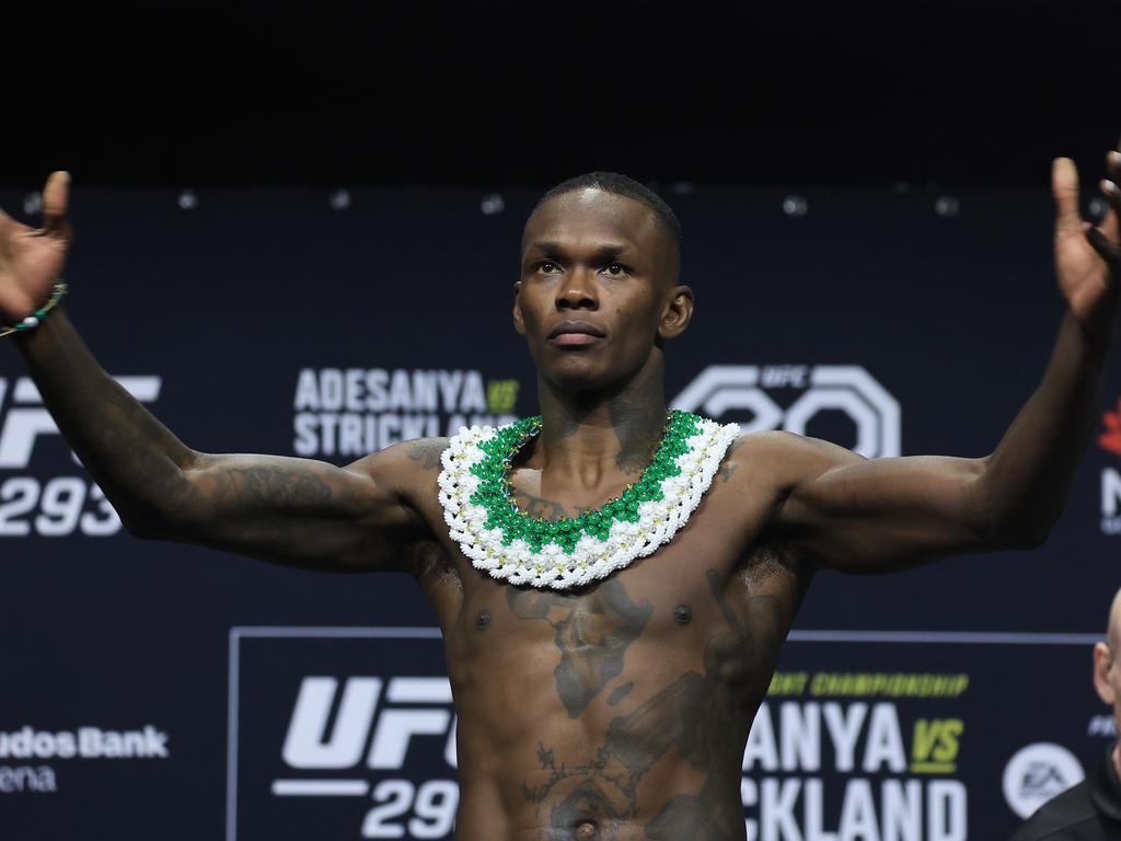 SYDNEY, AUSTRALIA - SEPTEMBER 08: Israel Adesanya of Nigeria poses during the ceremonial weigh in for UFC 293 at Qudos Bank Arena on September 08, 2023 in Sydney, Australia. (Photo by Mark Evans/Getty Images)