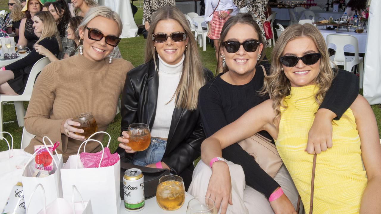 (from left) Ainsley Forrest, Bec Ryan, Beth Daly and Meg Vinson. Rangers Ladies Day at Gold Park. Saturday, May 28, 2022. Picture: Nev Madsen.