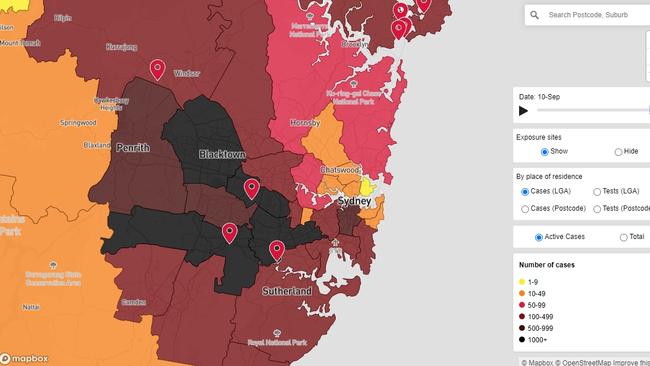 Map of NSW COVID-19 case locations, cases and tests on Sunday September 12. Picture: NSW Health