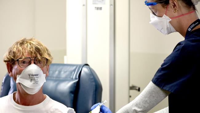 Stephen having the first jab in a trial of Melbourne made next generation Covid vaccines at the Royal Melbourne Hospital. Picture: Supplied