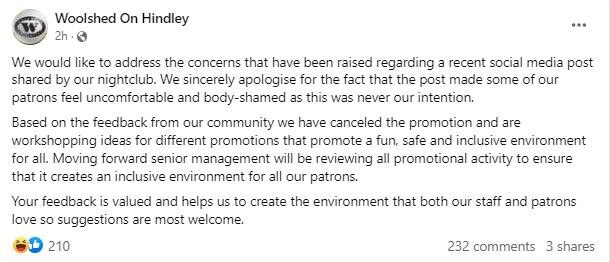 The venue has apologised for and cancelled the promotion. Picture: Facebook