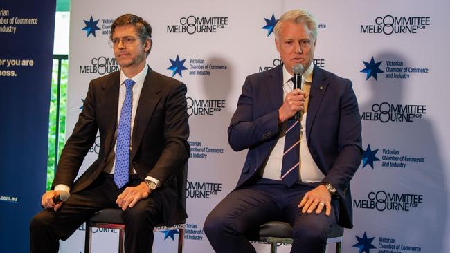 Lord Mayor Nick Reece and mayoral hopeful Arron Wood at the VCCI lord mayoral breakfast forum. Picture: Jessica Hooper